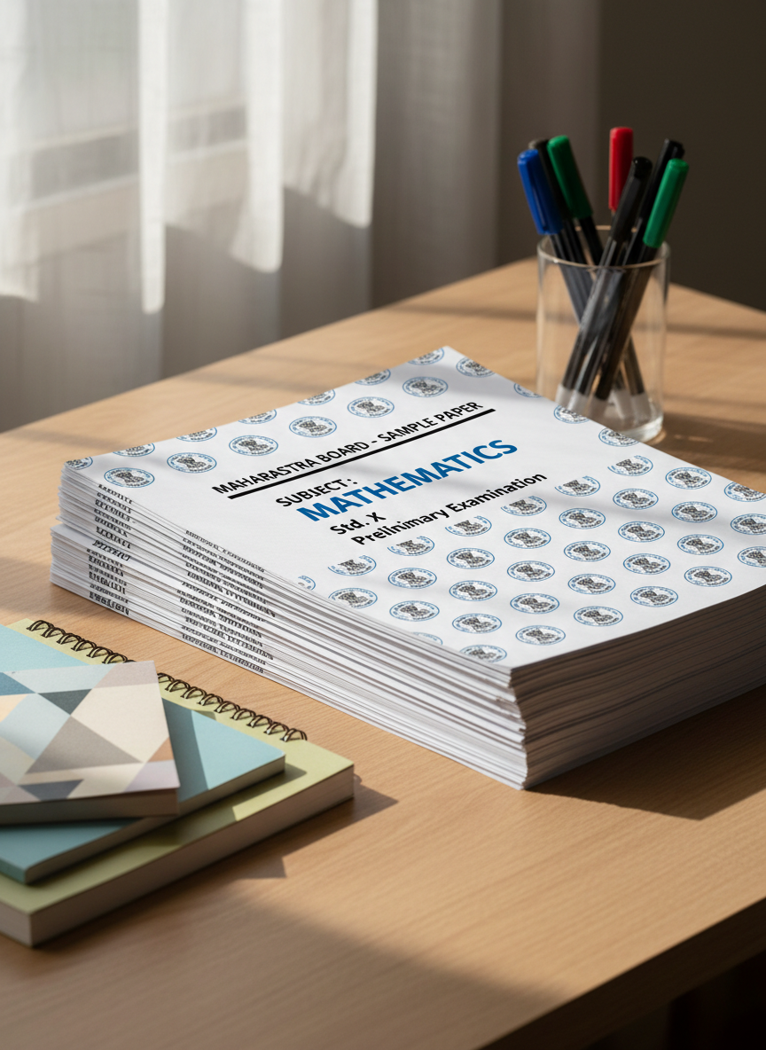 A neat stack of Maharashtra Board exam papers, each featuring crisp white pages adorned with official blue and black watermarks, clearly labeled with "Sample Paper" and subject names in bold, modern fonts. The stack rests on a smooth, light oak desk, surrounded by an array of colored pens and neatly arranged notebooks. Gentle natural daylight filters across the scene from a nearby window, casting soft highlights and subtle shadows along the paper edges. The overall mood is focused and calm, inviting productive study. Captured from an eye-level perspective with balanced composition, emphasizing clarity and order. The style is clean, minimal, and modern, supporting the educational and resourceful aim of the website.